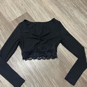 SHEIN Black Ribbed Crop Top with Lace Detail
